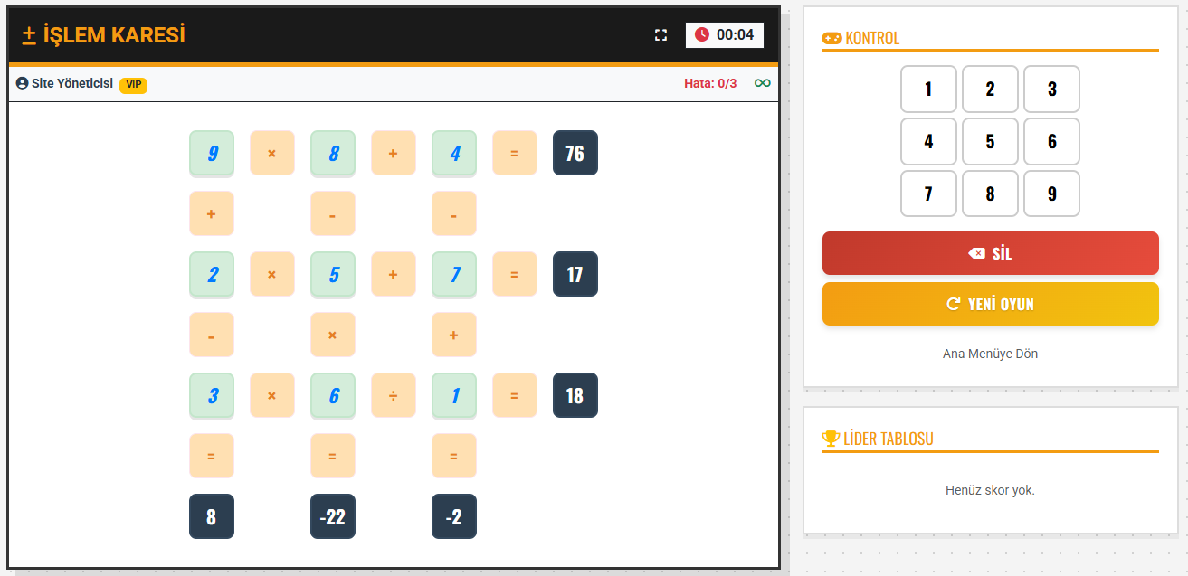 İşlem Karesi Zeka Oyunu